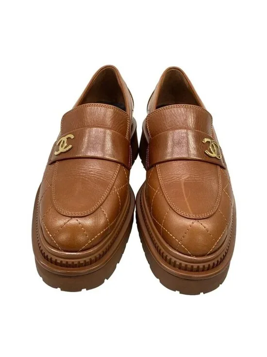 Chanel Loafers 36 C Quilted Brown Gold CC Logo - Picture 5 of 12